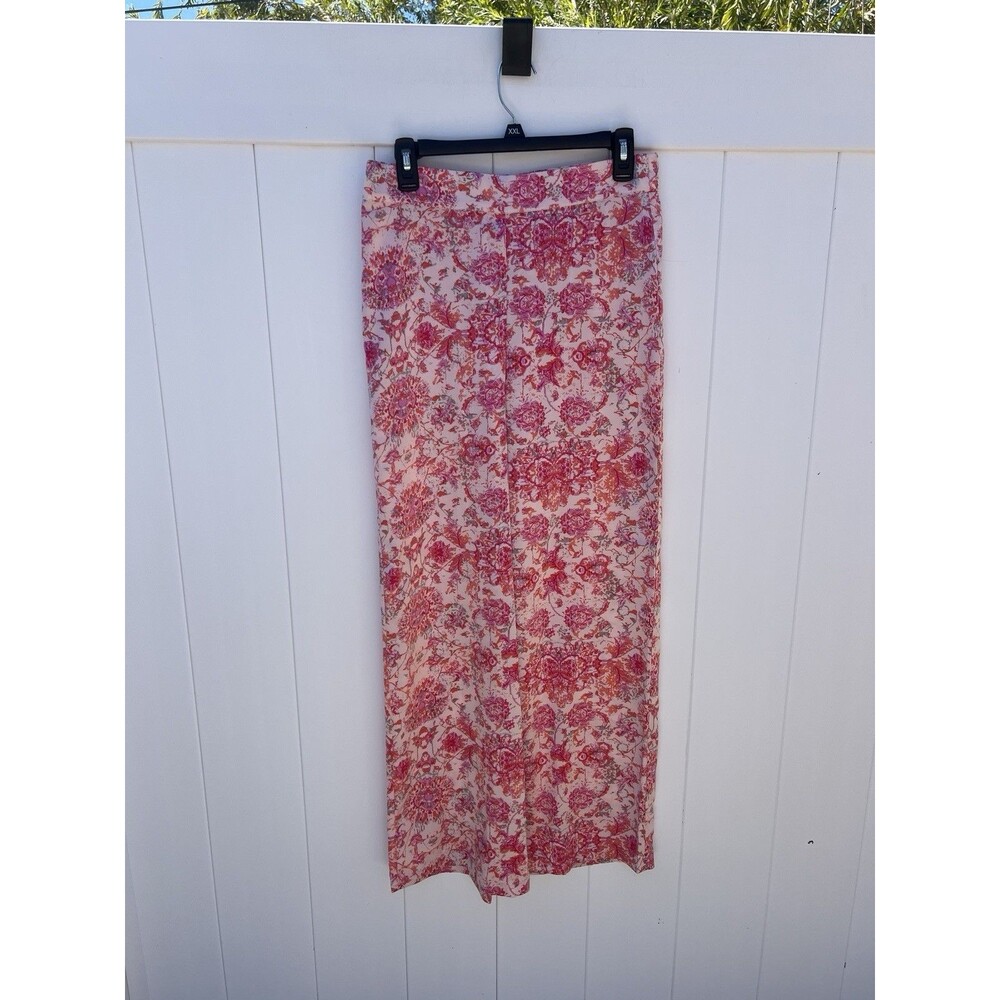 Bunulu Womans Pants Pink Floral Tropical Pull On Stretch Wide Leg Sz Medium
